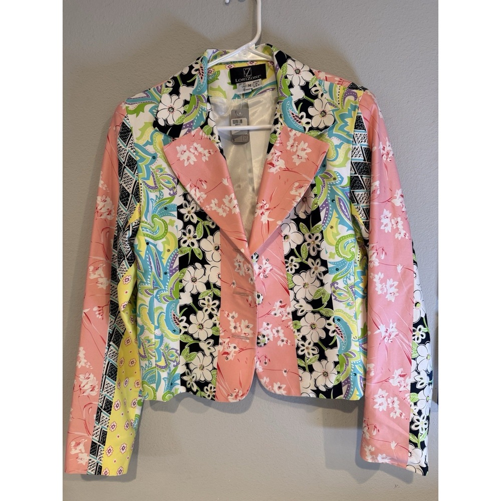 NWT Lorizoni Women's Blazer Jacket Floral Patchwork Crystal Embellished M‎